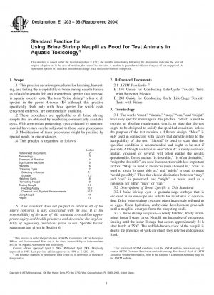 Standard Practice for Using Brine Shrimp Nauplii as Food for Test Animals in Aquatic Toxicology