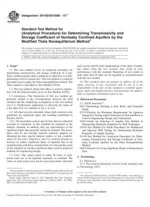Standard Test Method for (Analytical Procedure) for Determining Transmissivity and Storage Coefficient of Nonleaky Confined Aquifers by the Modified Theis Nonequilibrium Method
