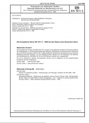 Stationary source emissions - Manual method of determination of HCl - Part 3: Absorption solutions analysis and calculation; German version EN 1911-3:1998