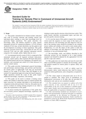 Standard Guide for Training for Remote Pilot in Command of Unmanned Aircraft Systems (UAS) Endorsement