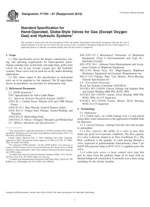 Standard Specification for Hand-Operated, Globe-Style Valves for Gas (Except Oxygen Gas), and Hydraulic Systems
