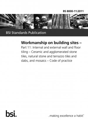 Workmanship on building sites. Internal and external wall and floor tiling. Ceramic and agglomerated stone tiles, natural stone and terrazzo tiles and slabs, and mosaics. Code of practice
