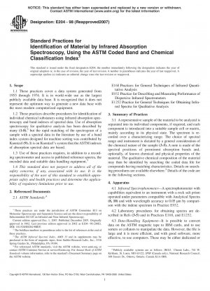 Standard Practices for Identification of Material by Infrared Absorption Spectroscopy, Using the ASTM Coded Band and Chemical Classification Index 