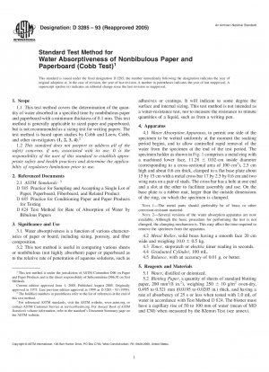 Standard Test Method for Water Absorptiveness of Nonbibulous Paper and Paperboard (Cobb Test) 