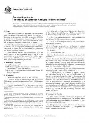 Standard Practice for  Probability of Detection Analysis for Hit/Miss Data